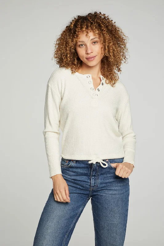 Long Sleeve Snap Henley Drawstring Waist Tee