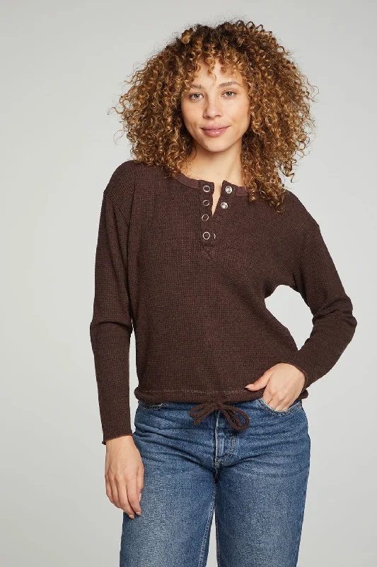 Long Sleeve Snap Henley Drawstring Waist Tee