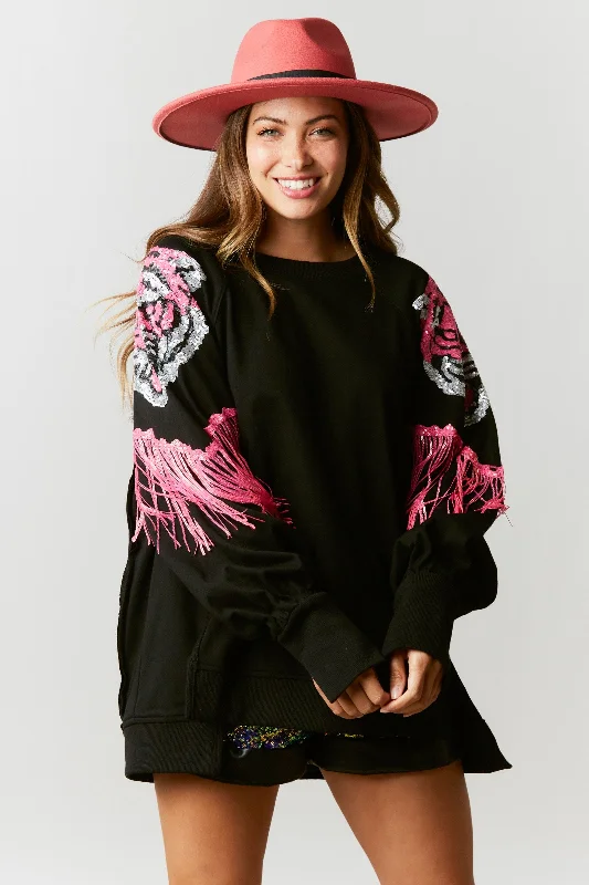 Black Loose Sweatshirt w/ Sequin Shoulder Tiger & Fringe