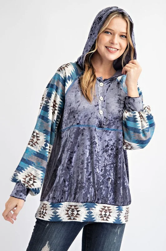 Blue/Teal Plus Size Velvet Tribal Contrast Hoodie