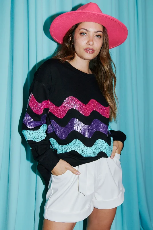 Black Sweatshirt Top With Tri-Color Wave