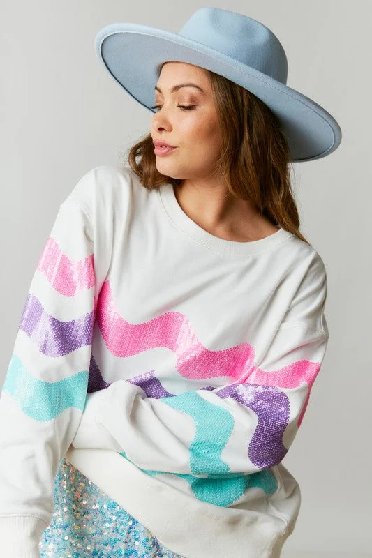 White Sweatshirt Top With Tri-Color Wave